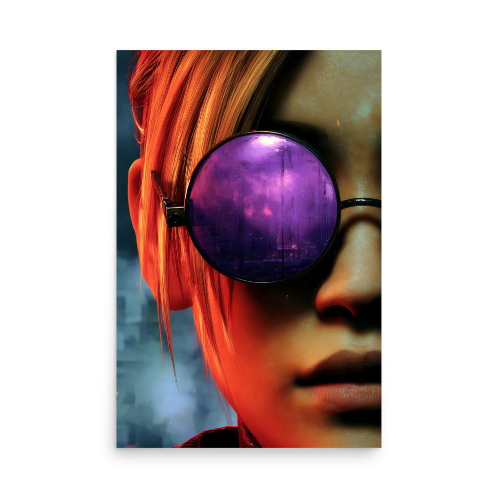 Cyberpunk girl wearing purple goggles with a colorful background