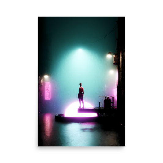 Cyberpunk Silhouette of a person on a bridge with colorful lighting
