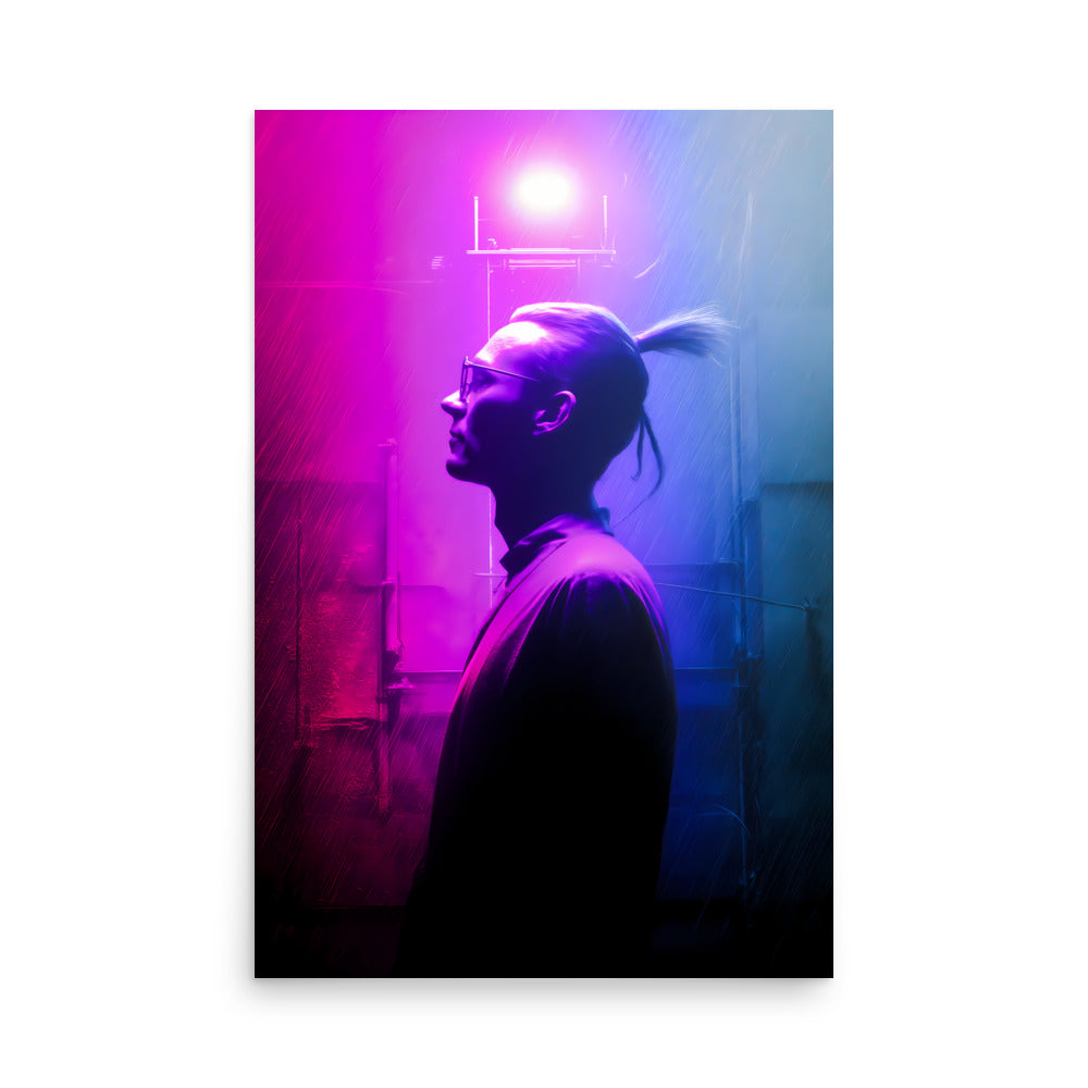 Person in a dark outfit with a neon light in a room with pink and blue lighting