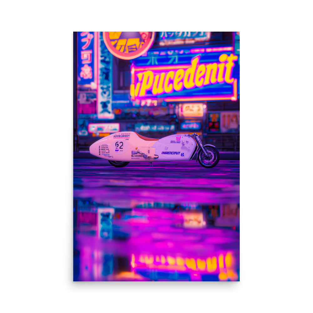 Neon sign with 'Pucedent' and a motorcycle graphic on a reflective surface.