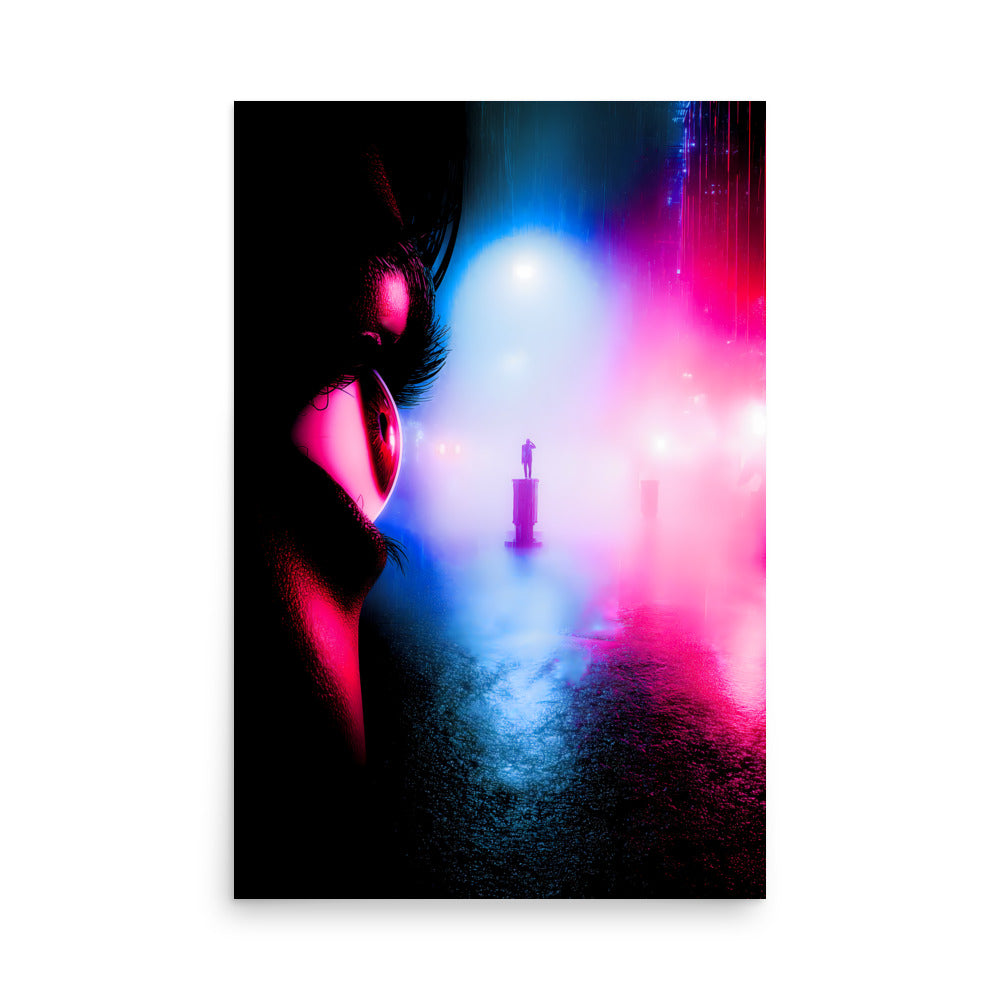 Futuristic scene with a silhouette of a person wearing headphones and a glowing figure in the distance.