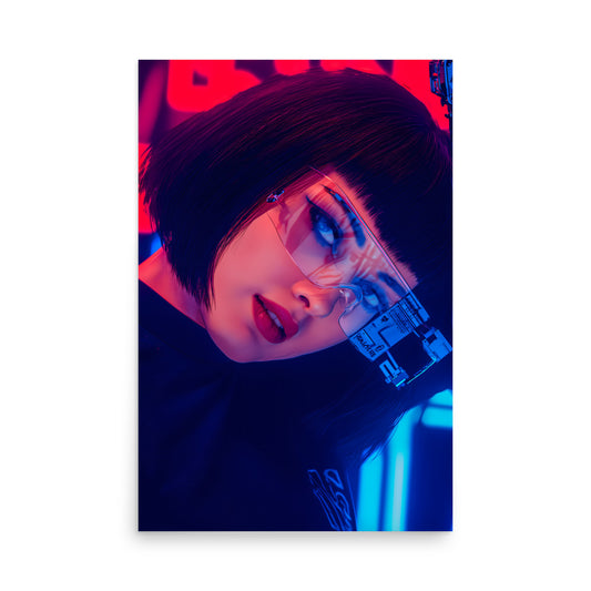 Person wearing futuristic goggles with a neon background