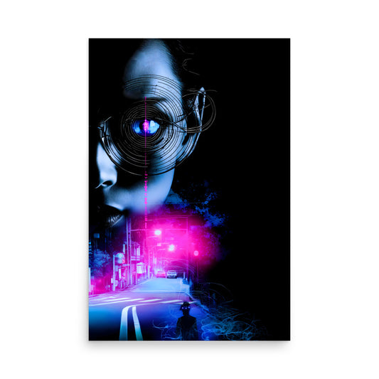 Futuristic cityscape with a person wearing goggles, neon lights, and a dark background.