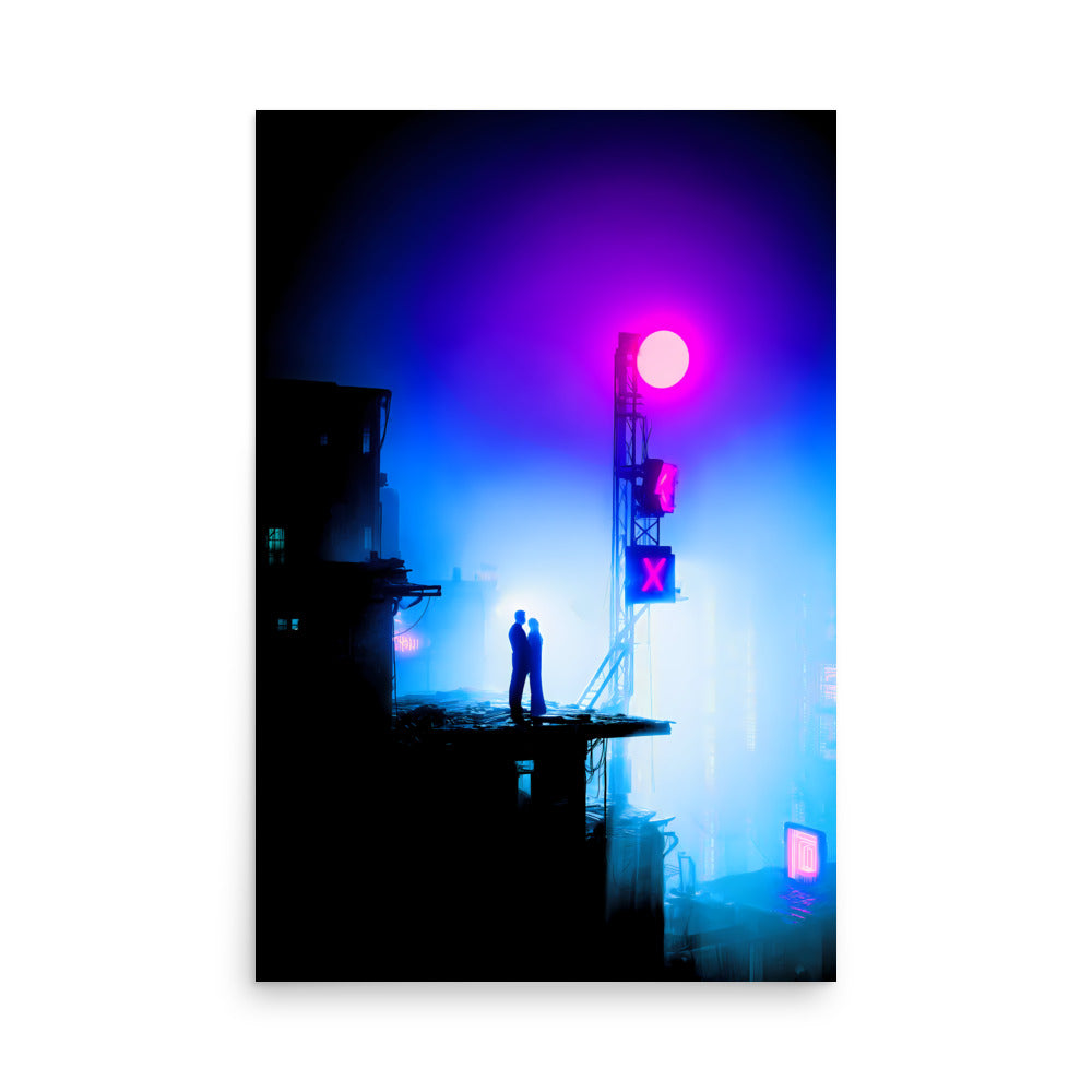 Silhouette of a person sitting on a bench under a streetlight with a cityscape in the background.