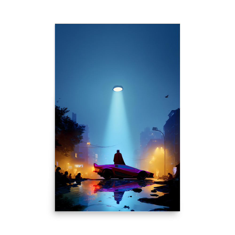 Silhouette of a person sitting on a bench under a streetlight with a cityscape in the background.