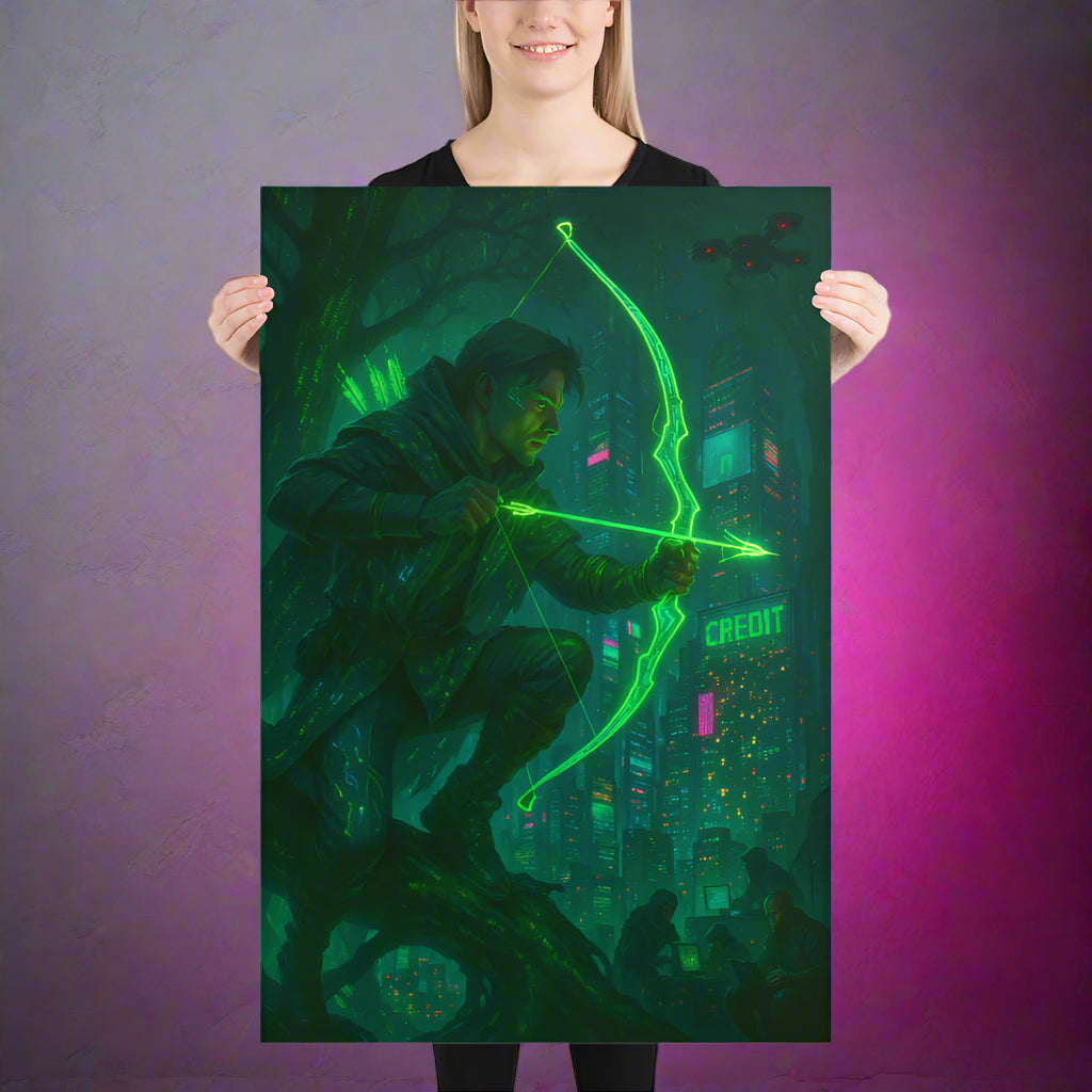 Robin Hood Cyberpunk Poster – The Neon Outlaw of the Future | Futuristic Sci-Fi Wall Art
