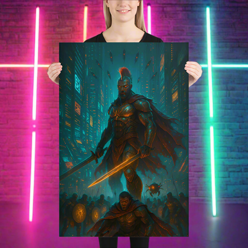 Leonidas Cyberpunk Poster – The Neon Spartan King | Futuristic Sci-Fi Wall Art