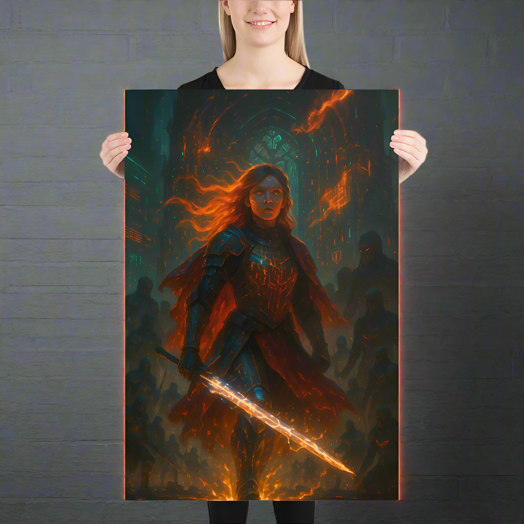 Joan of Arc Cyberpunk Poster – The Neon Warrior Saint | Futuristic Sci-Fi Wall Art