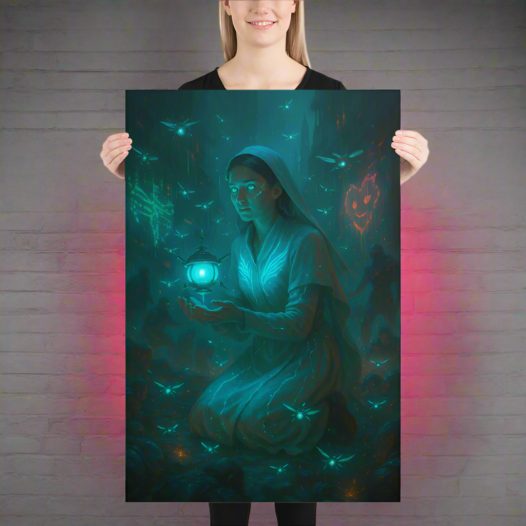 Florence Nightingale Cyberpunk Poster – The Neon Lady with the Lamp | Futuristic Sci-Fi Wall Art
