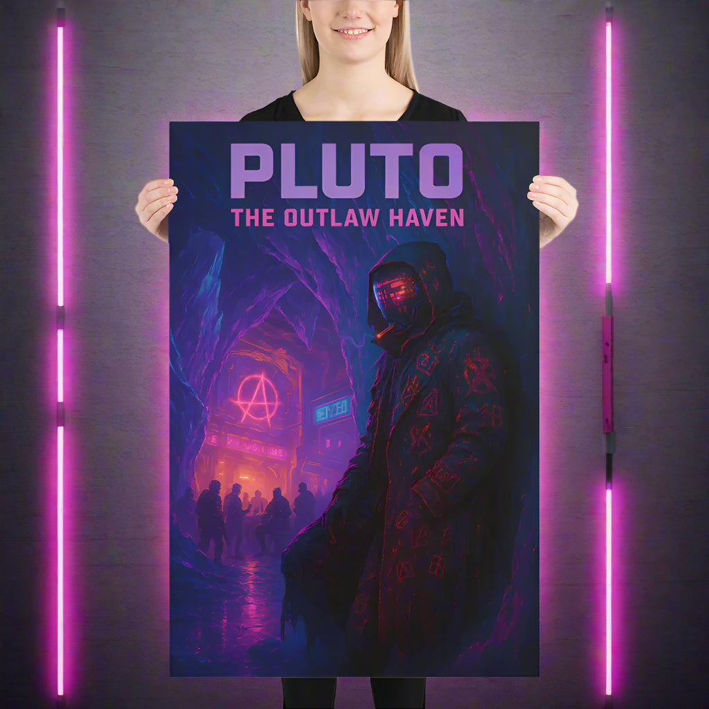 Pluto Cyberpunk Poster – The Outlaw Haven | Futuristic Sci-Fi Wall Art