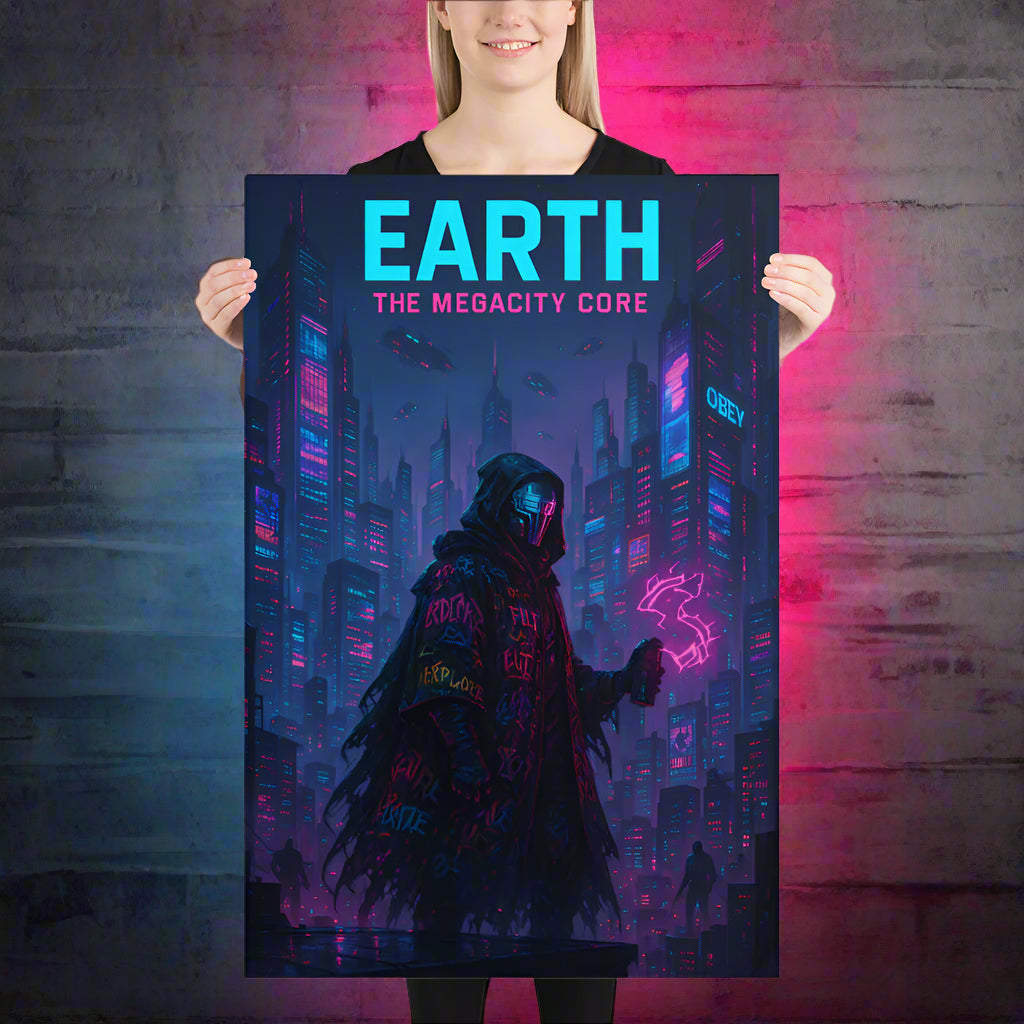 Earth Cyberpunk Poster – The Megacity Core | Futuristic Sci-Fi Wall Art