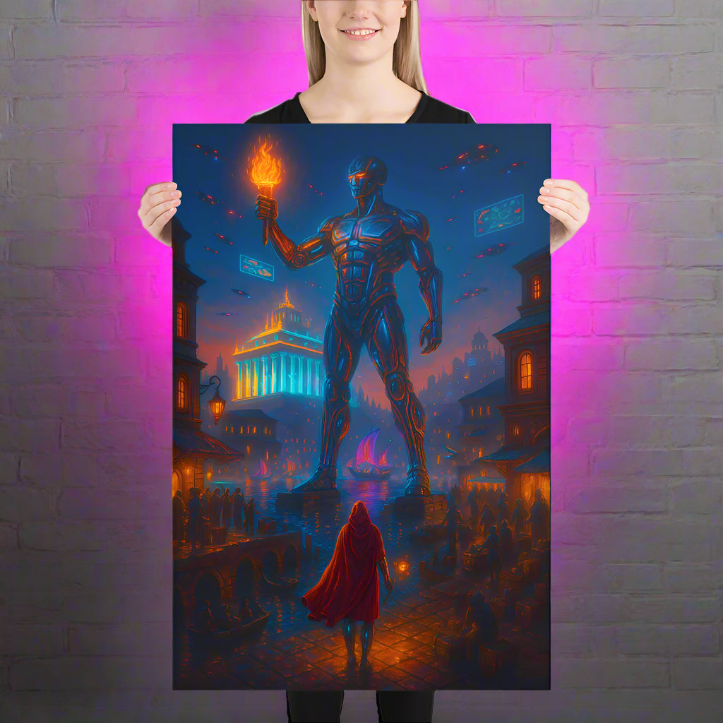 Colossus of Rhodes Cyberpunk Poster – The Cybernetic Sentinel | Futuristic Sci-Fi Wall Art
