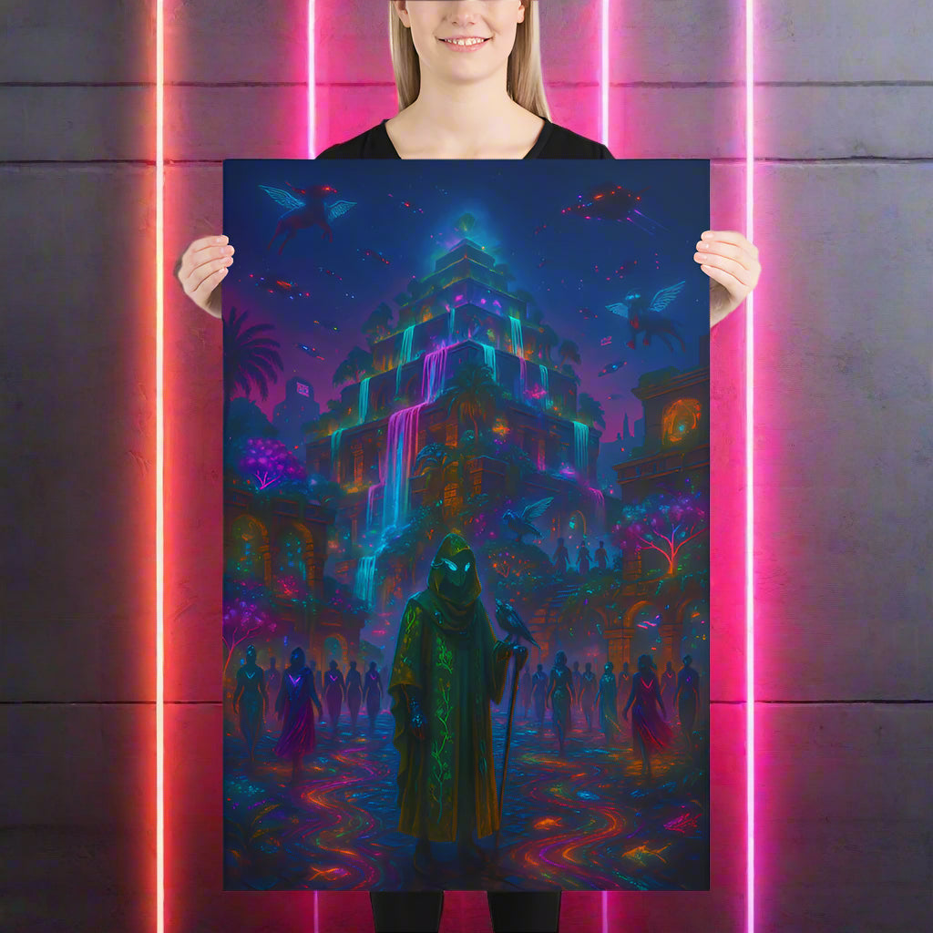 Hanging Gardens of Babylon Cyberpunk Poster – The Bioluminescent Jungle | Futuristic Sci-Fi Wall Art