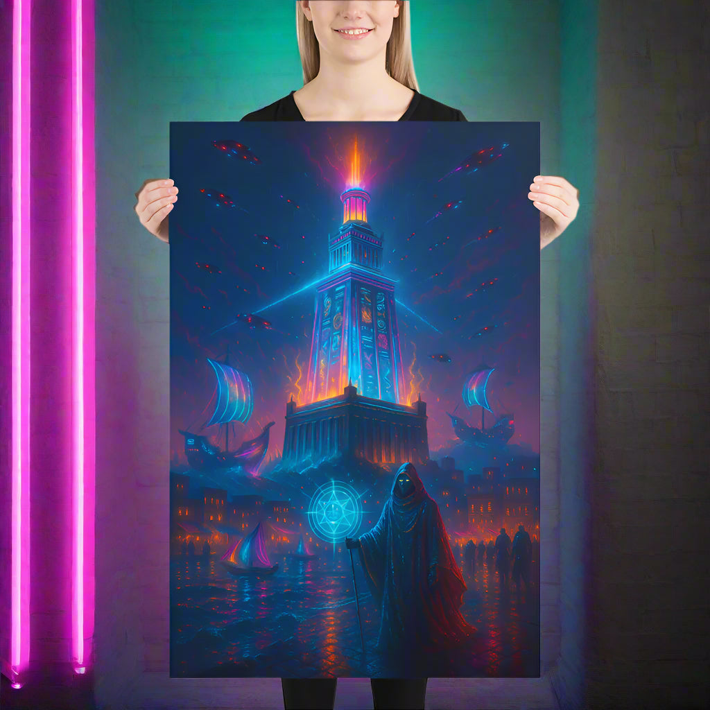Lighthouse of Alexandria Cyberpunk Poster – The Neon Beacon | Futuristic Sci-Fi Wall Art