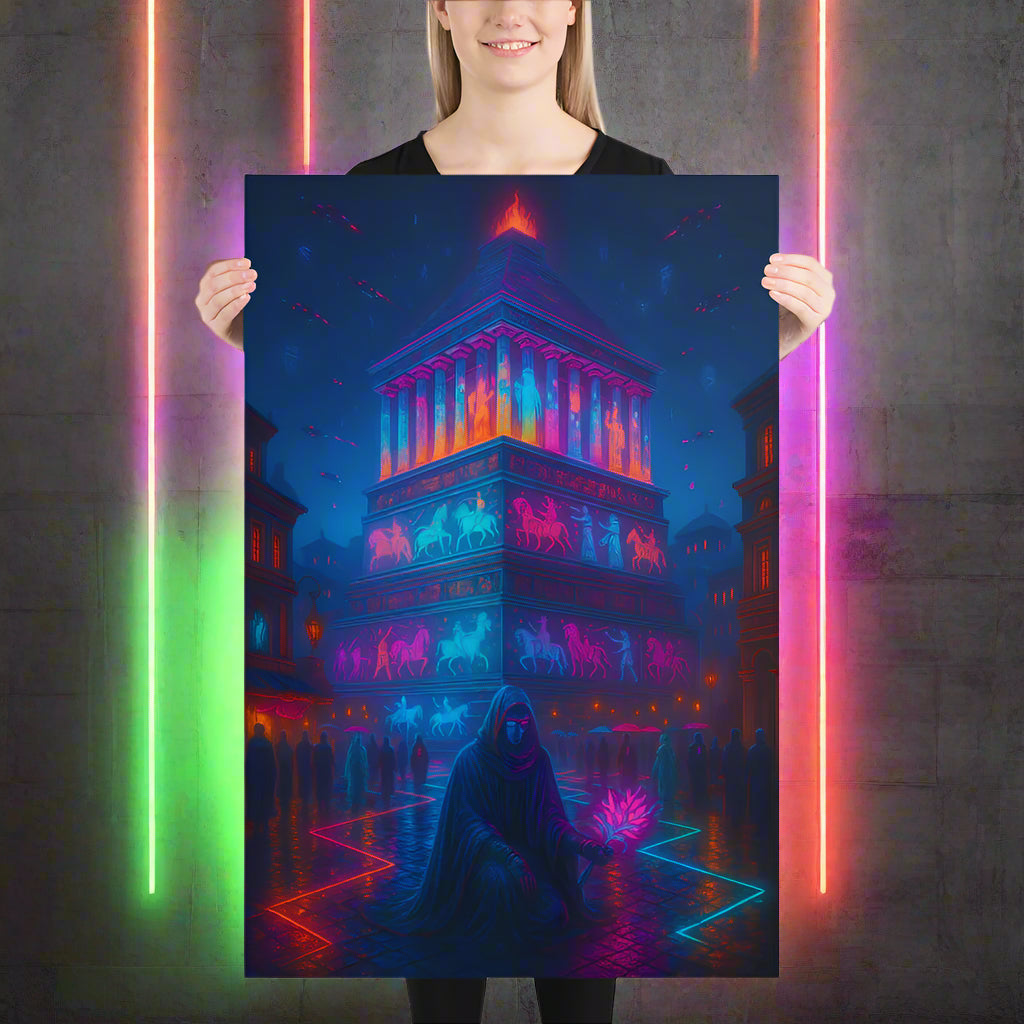 Mausoleum at Halicarnassus Cyberpunk Poster – The Eternal Neon Tomb | Futuristic Sci-Fi Wall Art