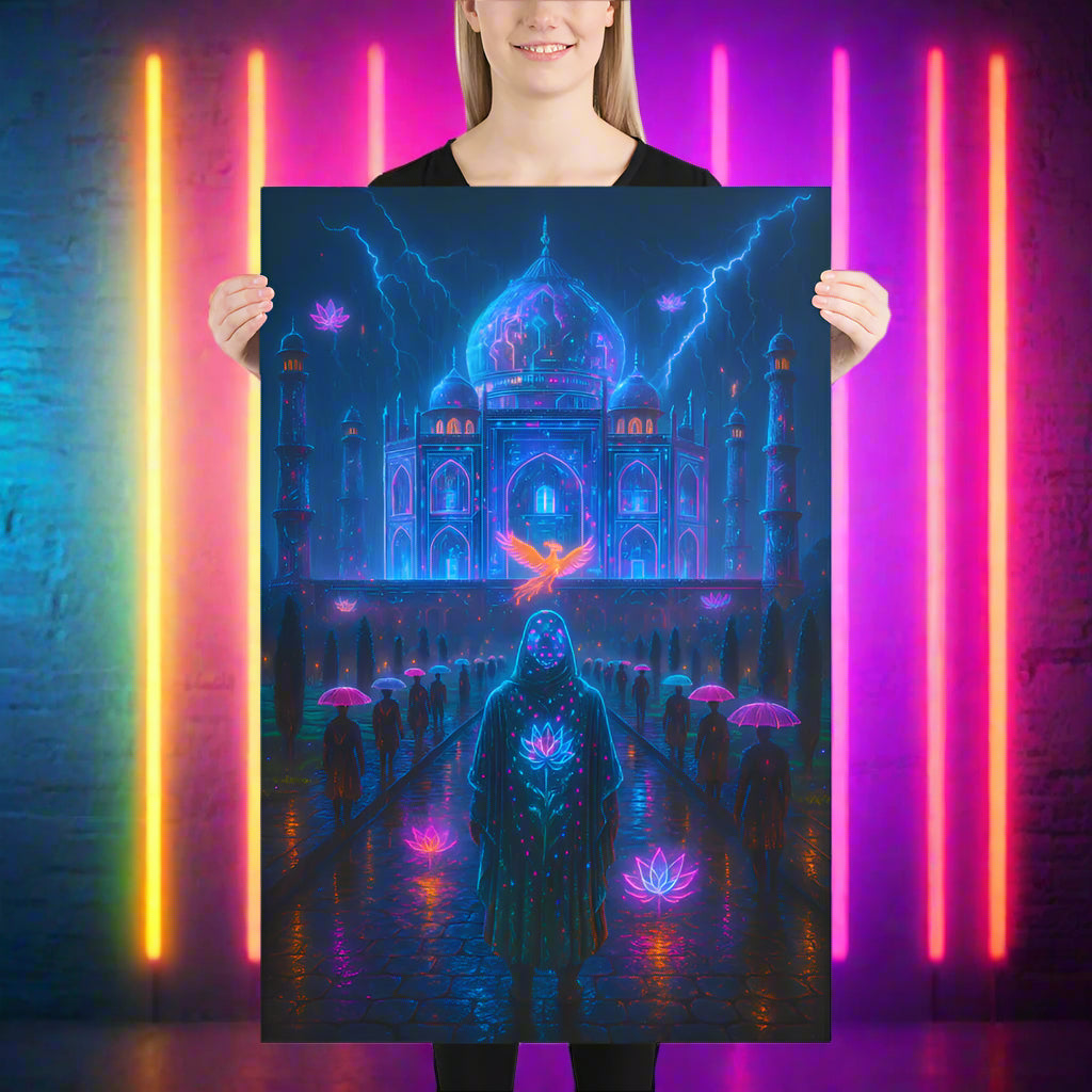 Taj Mahal Cyberpunk Poster – The Neon Mausoleum of Eternal Love | Futuristic Sci-Fi Wall Art