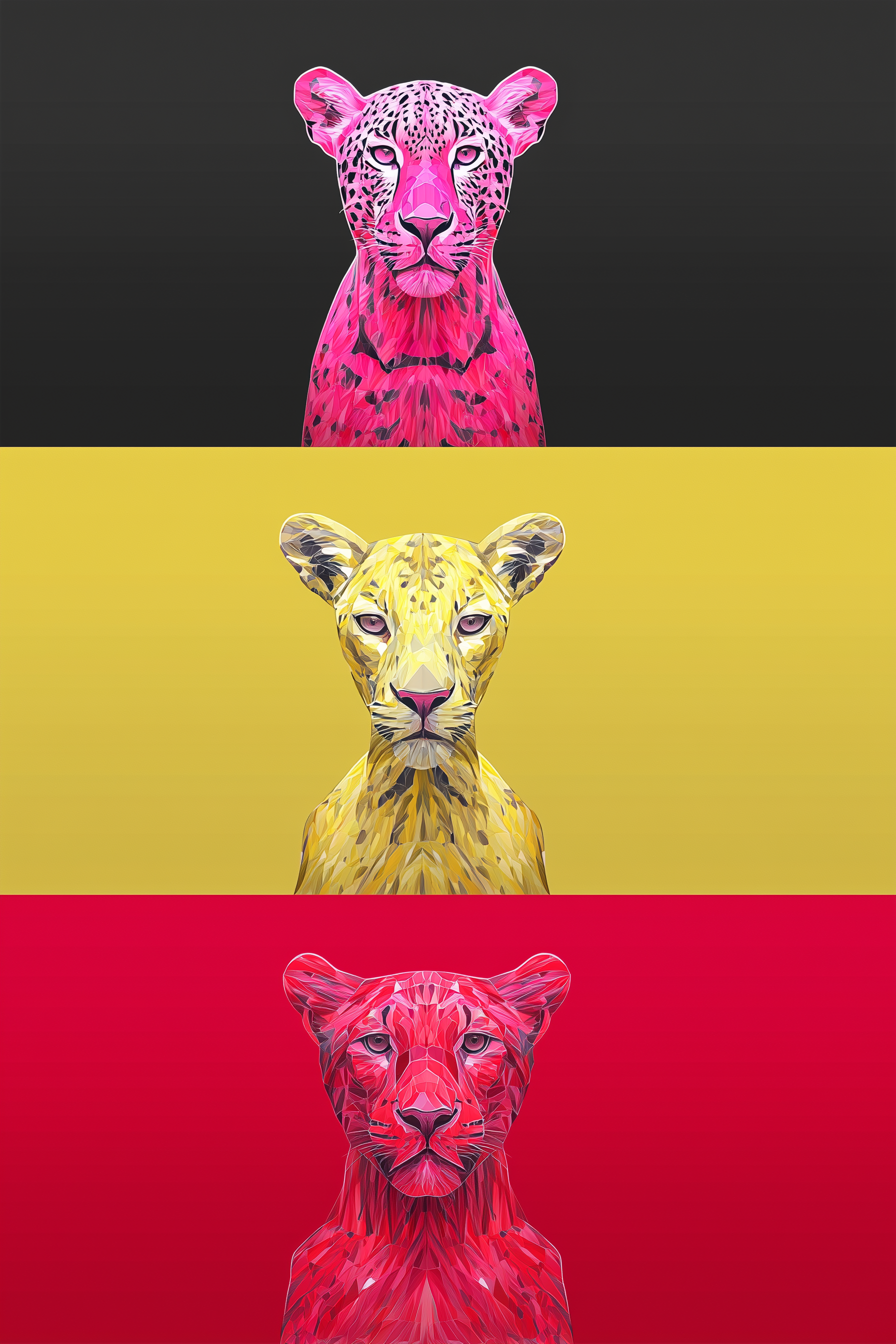Three colorful leopard portraits on black, yellow, and red backgrounds